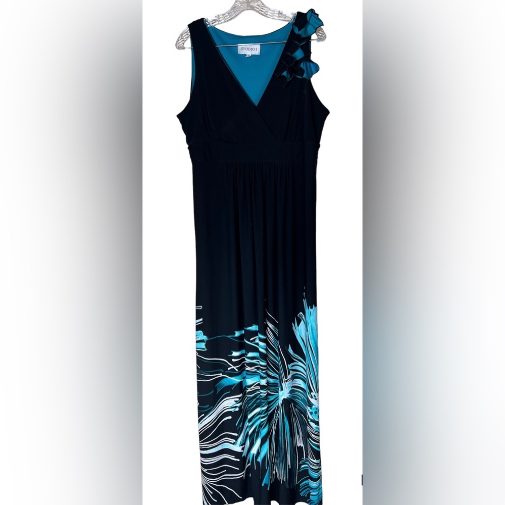 Studio 1 Dress Maxi Floral Green Black Sleeveless V Neck Women’s, Size 16